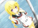  alternate_costume blonde_hair braid chainlink_fence charlotte_dunois fence highres infinite_stratos makiba_(takahimogogo) purple_eyes school_uniform violet_eyes 