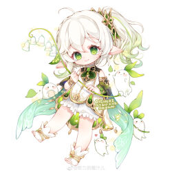  1girl absurdres ahoge anklet black_sleeves bloomers boots chibi chinese_commentary closed_mouth colored_tips commentary_request commission detached_sleeves dot_nose dress eyelashes flower genshin_impact gold_anklet green_eyes hair_between_eyes hair_ornament happy highres holding holding_flower jewelry leaf_hair_ornament light_particles lily_of_the_valley long_hair long_sleeves looking_at_viewer multicolored_hair nahida_(genshin_impact) nuli_de_chengzhi_er pointy_ears sample_watermark short_dress side_ponytail simple_background sleeveless sleeveless_dress smile socks solo stirrup_legwear tailcoat tareme toeless_legwear two-sided_dress two-sided_fabric variant_set vision_(genshin_impact) watermark weibo_watermark white_background white_bloomers white_dress white_flower white_hair white_socks 