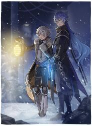  2boys absurdres ahoge black_gloves blue_hair blush cold commentary_request earrings flins_(genshin_impact) genshin_impact gloves highres holding holding_lamp holding_lantern illuga_(genshin_impact) jewelry lamp lantern long_sleeves looking_at_viewer looking_to_the_side male_focus mole mole_under_eye multiple_boys open_mouth outdoors single_earring snow snowing su3ka teeth thigh_strap vision_(genshin_impact) yellow_eyes 