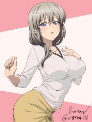  1girl anime_coloring artist_name baron_(varon666) blue_eyes blush breasts collarbone grey_hair hair_between_eyes hair_over_shoulder hand_on_own_chest highres large_breasts long_hair mature_female open_mouth pink_background shirt signature skirt uzaki-chan_wa_asobitai! uzaki_tsuki v-neck white_background white_shirt yellow_skirt 