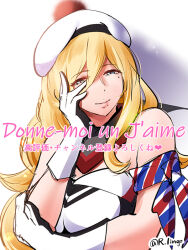  1girl beret commentary_request dress french_text gloves hair_between_eyes hand_on_own_face hat kantai_collection lingerie_(aki3240) mole mole_under_eye mole_under_mouth multicolored_gloves multicolored_scarf one-hour_drawing_challenge pom_pom_(clothes) richelieu_(kancolle) scarf solo strapless strapless_dress twitter_username upper_body white_dress white_glovs white_hat 