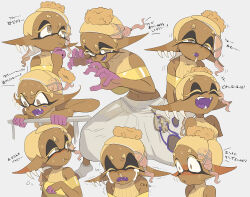  1girl blonde_hair blush breasts closed_eyes colored_eyelashes colored_fingertips colored_tongue commentary_request crop_top crying dark-skinned_female dark_skin drooling earrings fangs frye_(splatoon) harem_pants highres inkling jewelry laughing long_pointy_ears multiple_earrings multiple_expressions multiple_views open_mouth pants pointy_ears purple_tongue shawl shouting splatoon_(series) splatoon_3 sweatdrop tentacle_hair thinking tooth_earrings white_background yellow_eyes yellow_shawl yuta_agc 