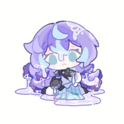  1boy :< artist_name black_gloves black_shirt chibi dripping full_body gloves green_eyes highres hoshirube_sho hoshirube_sho_(1st_costume) iridescent_clothes jacket long_hair male_focus nijisanji purple_hair shirt shuxingbuming_moxiaobai simple_background sitting solo tentacle_hair wariza wet white_background white_jacket 