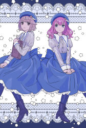  2girls :o :| alternate_costume alternate_hair_color ankle_boots back_bow beret blue_background blue_boots blue_eyes blue_hat blue_pantyhose blue_skirt bob_cut book boots border bow brown_eyes clenched_hands closed_mouth collared_dress commentary cool_colored crescent dress foot_out_of_frame frilled_skirt frills grey_background grey_shirt hair_flaps hand_up hat hat_ornament high-waist_skirt high_heel_boots high_heels highres holding holding_book hoshino_(user_ddfw4228) hugging_book hugging_object invisible_chair juliet_sleeves kobato_ryouko lace-up_boots light_smile long_hair long_sleeves looking_at_another looking_to_the_side medium_dress multicolored_dress multiple_girls ornate_border outside_border pantyhose parted_lips partially_bordered pink_hair puffy_sleeves puritan_collar purple_hair shirt shoujo_kageki_revue_starlight shoujo_kageki_revue_starlight_-re_live- sideways_glance sitting skirt star_(symbol) star_hat_ornament star_symbol_background swept_bangs takachiho_stella v_arms white_background wing_hat_ornament 