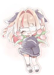  1girl black_shoes blazer bloomers blue_jacket blue_necktie blue_ribbon blue_skirt blush collared_shirt colored_inner_hair deformed drill_hair eyepatch fangs flower full_body grey_hair hair_intakes hair_ribbon highres holding holding_flower jacket leg_ribbon leg_tattoo long_hair loose_socks makaino_ririmu medical_eyepatch miniskirt multicolored_hair necktie nijisanji official_alternate_costume official_alternate_hairstyle one_eye_closed open_clothes open_jacket open_mouth outline pink_flower pink_hair pink_streaks pink_tulip platform_shoes pleated_skirt pointy_ears polka_dot polka_dot_background ribbon rougetsu school_uniform shirt shoes sidelocks signature skirt sleeves_past_fingers sleeves_past_wrists smile socks solo standing streaked_hair tattoo tulip two-tone_hair two_side_up virtual_youtuber watermark watermark_grid white_background white_outline white_shirt white_socks wind wind_lift winged_heart winged_heart_tattoo 