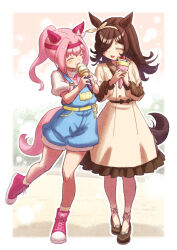  2girls animal_ears blue_overalls blush bow bow_hairband brown_dress brown_hair brown_hairband casual closed_eyes closed_mouth collared_dress commentary_request creape crepe dress ear_bow ear_covers flipped_hair food full_body hair_over_one_eye hairband haru_urara_(casual)_(umamusume) haru_urara_(umamusume) headband highres holding holding_crepe holding_food holding_ice_cream_cone horse_ears horse_girl horse_tail ice_cream_cone long_hair long_sleeves multiple_girls official_alternate_costume open_mouth overall_shorts overalls pink_hair pink_headband pink_shirt ponytail red_headband ribbon rice_shower_(casual)_(umamusume) rice_shower_(umamusume) shirt shoes short_sleeves smile socks tail umamusume white_hairband 