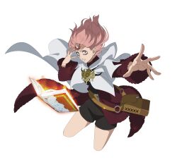  1girl absurdres black_clover black_clover_m:_rise_of_the_wizard_king book brown_bag cape fana_(elf)_(black_clover) grimoire highres looking_at_viewer non-web_source official_art open_book pointy_ears red_eyes simple_background solo third_eye transparent_background white_cape 