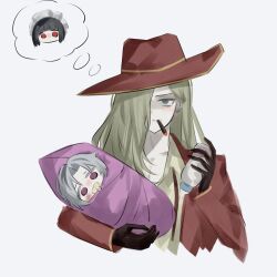  1boy 2girls aged_down black_gloves black_hair blonde_hair bottle cigar gloves hair_over_one_eye hat highres limbus_company lucio_(project_moon) maid maid_headdress milk_bottle millaligusticum multiple_girls nelly_(project_moon) pacifier project_moon red_hat red_suit short_hair simple_background smoking speech_bubble suit thought_bubble upper_body valencina_(project_moon) violet_eyes white_background white_hair 