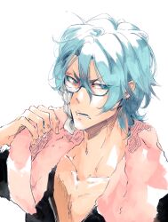  1boy black-framed_eyewear black_jacket bleach blue_eyes blue_hair collarbone commentary english_commentary grimmjow_jaegerjaquez hollow_mask jacket looking_at_viewer male_focus mask peppertea semi-rimless_eyewear short_hair simple_background solo teeth towel towel_around_neck under-rim_eyewear white_background 