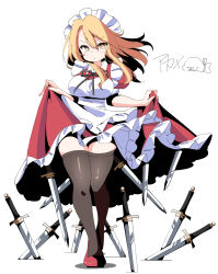  akame00 apron blonde_hair commentary_request dress frills highres long_hair maid maid_apron maid_headdress puffy_short_sleeves puffy_sleeves red_dress red_shoes ribbon shoes short_sleeves solo sword thigh-highs touhou touhou_(pc-98) weapon white_apron yellow_eyes yumeko_(touhou) 