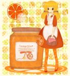  blonde_hair brown_eyes engrish food fruit highres jam minigirl orange orange_(color) original pantyhose polka_dot polka_dot_legwear polka_dot_pantyhose potecoro ranguage solo standing tongue twintails 