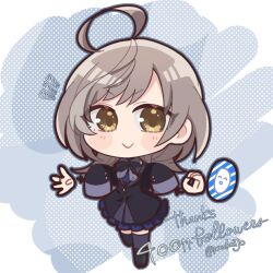  >:) 1girl :> assault_lily black_boots black_bow black_bowtie black_dress black_thighhighs blush boots bow bowtie chibi closed_mouth commentary_request disembodied_hand dress finger_counting frilled_dress frills full_body grey_background grey_bow grey_bowtie grey_hair jewelry long_hair long_sleeves looking_at_viewer milestone_celebration notice_lines official_alternate_costume oversized_clothes polka_dot polka_dot_background ponokaijo ring sasaki_ran sleeves_past_wrists solo standing standing_on_one_leg thank_you thigh-highs twitter_username two-tone_background v-shaped_eyebrows yellow_eyes 