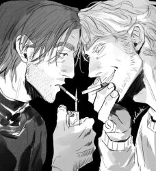  2boys arm_up beard_stubble black_background cigarette curly_(mouthwashing) curly_(pre-crash)_(mouthwashing) facial_hair gibachi_nich greyscale holding holding_cigarette holding_lighter jimmy_(mouthwashing) lighter long_sleeves male_focus monochrome mouthwashing multiple_boys profile shirt short_hair smoking stubble turtleneck upper_body wavy_hair 