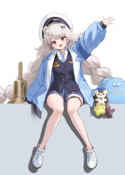  1girl absurdres armband bag bell blue_jacket blue_necktie blue_skirt blue_vest braid brown_eyes collared_shirt commentary full_body goddess_of_victory:_nikke grey_hair hair_ornament hat highres jacket long_hair looking_at_viewer necktie plaid_clothes plaid_skirt pleated_skirt shirt shoes sitting skirt sneakers soline_(frost_ticket)_(nikke) soline_(nikke) solo striped_clothes striped_necktie stuffed_toy thigh_strap twin_braids two-sided_fabric two-sided_jacket very_long_hair vest waistcoat waving white_background white_hat white_jacket white_shirt white_shoes yiray_(112170063) 