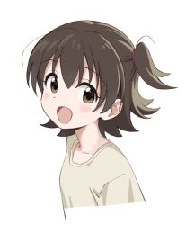  1girl :d akagi_miria blush brown_eyes brown_hair commentary_request highres idolmaster idolmaster_cinderella_girls idolmaster_cinderella_girls_u149 looking_at_viewer nf_kb one_side_up open_mouth shirt simple_background smile solo striped_background striped_clothes striped_shirt vertical-striped_clothes vertical-striped_shirt white_background 