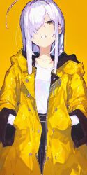  1girl ahoge collarbone commentary dot_nose hair_over_one_eye hands_in_pockets highres long_hair long_sleeves looking_at_viewer open_mouth orange_background original raincoat shiloroshi simple_background solo teeth white_hair yellow_eyes yellow_raincoat 