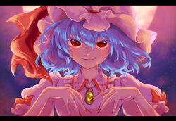  1girl artist_name blue_eyes collared_dress commentary_request dress eyelashes fingernails frills full_moon hair_between_eyes hands_up hat highres iino_4n jewelry looking_at_viewer mob_cap moon nail_polish parted_lips pendant pink_dress pink_hat portrait puffy_short_sleeves puffy_sleeves red_nails red_theme remilia_scarlet sharp_fingernails short_hair short_sleeves sleeve_bow solo touhou 