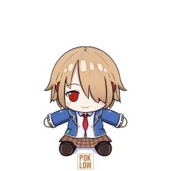  1girl artist_logo bilingual_commentary blue_jacket blush_stickers brown_hair brown_skirt character_doll chibi chibi_only collared_shirt commentary doll english_text full_body fumo_(doll) hair_over_one_eye heaven_burns_red highres jacket kayamori_ruka logo long_sleeves looking_at_viewer mixed-language_commentary necktie open_clothes open_jacket plaid_clothes plaid_skirt poklow red_eyes red_necktie school_uniform shirt short_hair simple_background skirt solo white_background white_shirt 