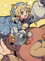  1boy :d black_gloves blonde_hair blue_jacket bridget_(guilty_gear) choppy_bangs fingerless_gloves gloves green_eyes guilty_gear guilty_gear_strive hood hood_up hooded_jacket itsuka_neru jacket long_sleeves looking_at_viewer male_focus open_clothes open_jacket open_mouth roger_(guilty_gear) short_hair smile solo stuffed_animal stuffed_toy teddy_bear trap yellow_background 