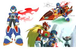  1girl armor blue_armor blue_eyes blue_helmet chest_jewel commentary english_commentary eyelashes forehead_jewel full_body genderswap genderswap_(mtf) green_eyes helmet highres iridescent_clothes long_hair mega_man_(series) mega_man_x:_command_mission mega_man_x_(series) multiple_views nanhui_aria new_armor_x_(mega_man) red_armor red_helmet red_scarf riding scarf upper_body x_(mega_man) zero_(mega_man) 