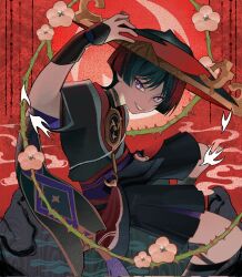  1boy armor black_hat black_kimono black_mask black_shorts black_sleeves blunt_ends bright_pupils commentary english_commentary eyeliner flower furisode genshin_impact gold hand_up hat highres japanese_armor japanese_clothes jewelry jingasa juban kimono kote kurokote layered_shorts layered_sleeves looking_at_viewer makeup male_focus mask_on_hat mitsudomoe_(shape) neck_ring o-ring open_mouth pink_flower plant purple_sash purple_shorts purple_sleeves red_background red_eyeliner red_hat red_kimono red_lips red_sash red_trim sash scaramouche_(genshin_impact) shorts solo thorns tomoe_(symbol) tsurime two-tone_hat vines violet_eyes white_kimono white_mouth white_pupils wispy_bangs yourlocalwalnut 