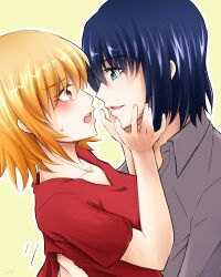 1boy 1girl athrun_zala blue_hair blush cagalli_yula_athha cara0w0mel collarbone commentary_request couple eye_contact from_side grey_shirt gundam gundam_seed hetero highres looking_at_another open_mouth outline red_shirt shirt short_hair short_sleeves sketch sweatdrop upper_body white_outline yellow_background 
