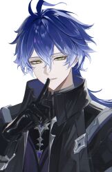  absurdres ahoge antenna_hair black_coat black_gloves blue_eyes coat commentary finger_to_mouth flins_(genshin_impact) genshin_impact gloves gradient_hair hair_between_eyes highres long_hair looking_at_viewer multicolored_hair r_aeel shushing silver_trim smile symbol-only_commentary watermark white_background yellow_eyes 