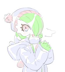  blush bob_cut clothed_pokemon colored_skin gardevoir green_hair green_skin hair_over_one_eye hat jacket looking_at_viewer lowres multicolored_skin pokemon pokemon_(creature) raine_(acke2445) simple_background smile two-tone_skin white_background white_skin winter_clothes 