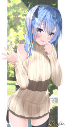  1girl absurdres alternate_costume black_thighhighs blue_eyes blue_hair blue_ribbon blush commentary_request grey_sweater hair_ribbon highres hololive hoshimachi_suisei kaju_paint looking_at_viewer medium_hair one_side_up open_mouth ribbon smile solo star_(symbol) star_in_eye sweater symbol_in_eye thigh-highs turtleneck turtleneck_sweater virtual_youtuber 