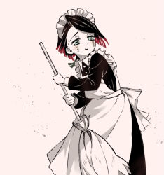  1boy alternate_costume apron aqua_eyes asymmetrical_bangs back_bow black_dress bow broom buttons colored_skin colored_tips commentary_request cowboy_shot crossdressing crossdressing_(mtf) demon_boy dress enmaided enmu_(kimetsu_no_yaiba) facial_mark holding holding_broom karikari_(pixiv42147188) kimetsu_no_yaiba long_sleeves maid maid_headdress male_focus medium_hair multicolored_hair open_mouth simple_background solo standing symbol-shaped_pupils tears_facial_mark teeth trap turning_head upper_teeth_only white_apron white_background white_bow white_skin 