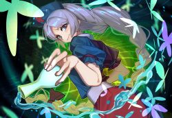  1girl absurdres blue_eyes blue_hat blue_shirt blue_skirt braid bug butterfly colored_skin commentary_request cross_hat_ornament dutch_angle flask hat highres holding holding_flask long_hair looking_at_viewer multicolored_skin puffy_short_sleeves puffy_sleeves red_shirt red_skirt shirt short_sleeves skirt smile solo touhou touhou_lost_branch_of_legend tuck_(tuck23978434) two-tone_shirt two-tone_skin yagokoro_eirin 