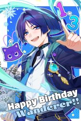  1boy alternate_costume anemo_symbol_(genshin_impact) animalization aqua_gem aqua_hood belt belt_buckle black_belt black_jacket black_shirt blue_background blue_eyes blue_hair blue_necktie blue_trim blunt_ends border bouquet buckle cat chain character_name collared_shirt colored_inner_hair commentary_request confetti contemporary covered_collarbone dated drawstring eyeliner feathers flower gem genshin_impact gold_buckle gold_chain gold_ring hair_intakes hand_up happy_birthday hat heart highres holding holding_bouquet hood hood_down hooded_jacket index_finger_raised jacket korean_commentary layered_shirt leaf light_blush looking_at_viewer makeup male_focus middle_ring mitsudomoe_(shape) multicolored_hair necktie o-ring open_collar open_mouth parted_bangs party_hat pom_pom_(clothes) purple_cat purple_hair red_eyeliner rose scaramouche_(cat)_(genshin_impact) scaramouche_(genshin_impact) school_uniform shirt sia37068010 snowflakes solo teeth tomoe_(symbol) tongue tsurime turtleneck turtleneck_shirt undershirt upper_body vision_(genshin_impact) wanderer_(genshin_impact) watermark white_border white_flower white_rose white_shirt wind wispy_bangs yellow_feathers 