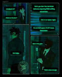  2boys black_coat black_hair black_necktie black_vest coat collared_shirt commentary crossover dark english_text highres kim_dokja looking_back male_focus multiple_boys necktie night no_i'm_not_a_human omniscient_reader's_viewpoint open_door parody partially_shaded_face red_eyes shirt short_hair sweatdrop turtleneck vacation_town vest white_shirt yoo_joonghyuk 