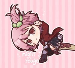  1girl assault_lily black_boots black_skirt boots chibi chibi_only commentary_request english_text full_body hair_ornament hair_scrunchie highres hitotsuyanagi_riri holding holding_weapon jacket long_sleeves one_side_up parted_lips pink_hair ponokaijo red_eyes red_jacket scrunchie skirt solo striped_background thigh-highs twitter_username weapon white_thighhighs 