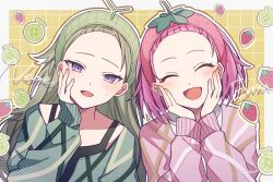  2girls :d ^_^ bangs_pinned_back black_tank_top border brown_outline character_name closed_eyes commentary_request dated_commentary food fruit green_hair green_hairband green_jacket grid_background hairband hand_on_own_face hand_up hands_on_own_face hands_up jacket kikutouji kusanagi_nene long_hair long_sleeves looking_at_viewer multiple_girls ootori_emu open_mouth outline outside_border pink_hair pink_hairband pink_jacket project_sekai short_hair smile strawberry tank_top upper_body violet_eyes white_border yellow_background 