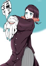  1boy absurdres aegyo_sal aqua_background aqua_eyes aqua_nails arm_behind_back asymmetrical_bangs black_hair black_jacket bonnouji_(kanikamapurin) buttons casting_spell colored_skin colored_tips commentary_request cowboy_shot demon_boy enmu_(kimetsu_no_yaiba) facial_mark finger_tattoo foreshortening grey_pants highres imminent_attack jacket kanji_tattoo kimetsu_no_yaiba long_sleeves looking_ahead male_focus medium_hair misplaced_mouth multicolored_hair open_mouth outstretched_arm pants pinstripe_pants pinstripe_pattern signature solo speech_bubble standing suit_jacket symbol-shaped_pupils tattoo tears_facial_mark translated trap two-tone_background undershirt veins veiny_hands white_skin 