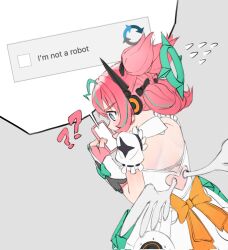  1girl ? ahoge aria_(zenless_zone_zero) blue_eyes bow captcha cellphone commentary cross-shaped_pupils dress english_text flying_sweatdrops from_behind green_hair green_halo grey_background halo han_fridge headgear highres holding holding_phone multicolored_hair orange_bow phone pink_hair quad_tails short_hair simple_background solo streaked_hair symbol-shaped_pupils white_dress white_wings wings zenless_zone_zero 