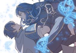  1boy 1girl ancestor_and_descendant armor blue_eyes blue_gloves blue_hair bug butterfly cape closed_eyes closed_mouth commentary_request fingerless_gloves fire_emblem fire_emblem:_mystery_of_the_emblem fire_emblem_awakening from_side fumiko_(290976767) gloves highres holding_hands interlocked_fingers long_hair long_sleeves looking_at_another lucina_(fire_emblem) marth_(fire_emblem) short_hair short_sleeves shoulder_armor tiara 
