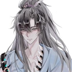  1boy black_hair blue_hanfu cheng_heguang chinese_clothes chinese_commentary closed_mouth collarbone commentary_request grey_eyes hanfu highres long_hair male_focus mole mole_on_collarbone ponytail portrait reverse:1999 ronneralone solo white_background 