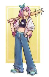  1girl absurdres alternate_costume artist_name aubrey_(faraway)_(omori) aubrey_(omori) bandaid bandaid_on_arm baseball_bat blue_eyes blue_hairband blue_pants closed_mouth commentary crop_top double-parted_bangs drysharpie english_commentary full_body hair_between_eyes hairband hand_in_pocket highres holding holding_baseball_bat jacket long_hair looking_at_viewer nail_(hardware) nail_bat navel omori open_clothes open_jacket pants pink_hair shoes short-sleeved_jacket short_sleeves sidelocks sneakers solo sweatpants watch watch white_jacket 