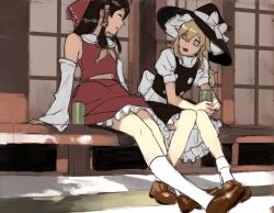  2girls apron black_hair black_hat black_skirt black_vest blonde_hair bow brown_shoes closed_eyes collar commentary cup detached_sleeves double-parted_bangs frilled_hair_tubes frilled_skirt frills hair_between_eyes hair_bow hair_tubes hakurei_reimu hat hat_bow hat_ribbon holding holding_cup junny kirisame_marisa long_hair long_legs long_sleeves midriff_peek multiple_girls neckerchief open_mouth outdoors porch puffy_short_sleeves puffy_sleeves red_bow red_shirt red_skirt ribbon shade shirt shoes short_sleeves shouji shrine sitting skirt sliding_doors socks talking touhou vest white_apron white_bow white_collar white_ribbon white_shirt white_sleeves white_socks wide_sleeves witch_hat yellow_eyes yellow_neckerchief yunomi 