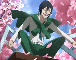 1boy absurdres aqua_necktie belt black_clover black_clover_m:_rise_of_the_wizard_king black_hair black_shoes blue_sky cherry_blossoms collared_shirt crazy day falling_petals green_jacket green_pants hair_between_eyes highres jack_the_ripper_(black_clover) jacket jacket_around_neck looking_at_viewer necktie non-web_source official_alternate_costume official_art open_mouth orange_eyes outdoors pants petals pink_petals scar scar_across_eye scar_on_face shirt shoes sky solo squatting striped_clothes striped_necktie teeth white_belt white_shirt 