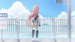  1girl backpack bag black_skirt black_socks blue_sky brown_cardigan cardigan cardigan_around_waist clothes_around_waist clouds commentary_request day facing_away from_behind hanako_nana horizon long_hair ocean official_art outdoors pedestrian_lights pink_hair pleated_skirt railing sample_watermark school_uniform shirt shoes sign silltare skirt sky socks solo stellive very_long_hair virtual_youtuber water watermark white_shirt white_shoes 