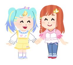  2girls :d blonde_hair blue_hair blue_pants braid chibi closed_eyes commentary facing_another frilled_shirt frills full_body happy hibino_matsuri highres holding_hands light_blush long_hair long_sleeves mifune_takashi_(style) multicolored_hair multiple_girls myamu orange_hair pants pink_shirt pretty_series print_shirt roly romaji_commentary shirt shirt_under_shirt short_bangs shorts sleeveless sleeveless_shirt smile socks standing straight_hair streaked_hair teeth twintails two-tone_hair upper_teeth_only waccha_primagi! white_shirt white_socks yellow_shorts 