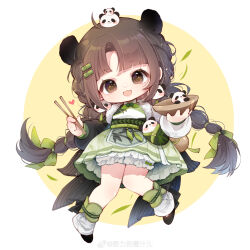  1girl absurdres ahoge animal_earrings animal_ears apron asymmetrical_sleeves bamboo bamboo_hair_ornament bamboo_shadow_(miracle_nikki) black_shoes black_sleeves bloomers blunt_bangs border bow bow_legwear bowl bowtie braid brown_eyes brown_hair chibi chinese_commentary chopsticks commentary_request dot_nose eyelashes frilled_skirt frills fur-trimmed_shirt fur_trim green_bag green_bow green_bowtie green_skirt grey_apron hair_bow hair_ornament hairclip happy heart highres holding holding_bowl holding_chopsticks leaf leg_warmers light_blush light_particles long_hair long_sleeves looking_at_viewer low_twin_braids miniskirt miracle_nikki mismatched_sleeves multi-tied_hair nikki_(series) nuli_de_chengzhi_er open_mouth outside_border panda_earrings panda_ears panda_girl panda_hair_ornament parallel_hairclips parted_bangs pleated_skirt puffy_long_sleeves puffy_sleeves round_border shirt shoes skirt smile solo sparkle tareme twin_braids very_long_hair waist_apron waist_bag watermark weibo_watermark white_bloomers white_border white_leg_warmers white_shirt white_sleeves yellow_background 