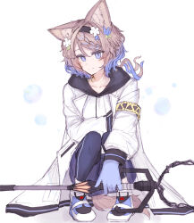  1girl animal_ear_fluff animal_ears arknights aroma_(arknights) black_hairband braid brown_hair brown_tail closed_mouth coat commentary flower full_body gloves hair_flower hair_ornament hairband holding hosakana long_sleeves looking_at_viewer medium_hair multicolored_hair open_clothes open_coat purple_gloves purple_hair simple_background smile solo split_mouth squatting tail two-tone_hair violet_eyes white_background white_coat 