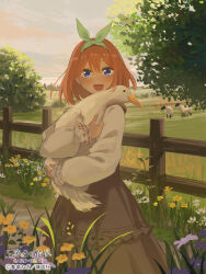  1girl animal bird black_dress blue_eyes blush commentary_request copyright_name copyright_notice dress duck fence flower go-toubun_no_hanayome grass green_ribbon hair_ribbon highres holding holding_animal holding_bird holding_duck horizon kgt_(pixiv12957613) long_sleeves looking_at_viewer medium_hair nakano_yotsuba official_art open_mouth orange_hair outdoors ribbon road rural sheep shirt shirt_under_dress sky smile solo standing straight-on tree white_shirt wooden_fence 