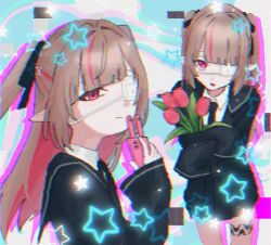  1girl :d barcode blazer blue_jacket blue_necktie blue_ribbon blue_sailor_collar blue_skirt cellphone closed_mouth collared_shirt colored_inner_hair cowboy_shot drill_hair drop_shadow eyepatch fang flower from_above from_side glitch grey_hair hair_intakes hair_ribbon highres holding holding_flower holding_phone jacket lapels leg_tattoo long_hair long_sleeves looking_at_viewer magota_n makaino_ririmu medical_eyepatch miniskirt monitoring_(vocaloid) multicolored_hair multiple_views necktie nijisanji notched_lapels official_alternate_hairstyle open_clothes open_jacket parted_lips phone phone_with_ears pink_flower pink_hair pink_streaks pink_tulip pleated_skirt pointy_ears rabbit_ear_smartphone_case red_eyes ribbon sailor_collar school_uniform shirt sidelocks skin_fang skirt sleeves_past_fingers sleeves_past_wrists smartphone smartphone_case smile solo sparkle standing streaked_hair tattoo tulip two-tone_hair two_side_up upper_body upturned_eyes virtual_youtuber white_background white_shirt winged_heart winged_heart_tattoo 