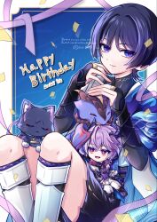  2boys animal_on_lap animalization armor belt black_belt black_bodysuit black_boots black_bridal_gauntlets black_cat black_hair black_horns black_shirt black_shorts black_sleeves blue_background blue_cape blunt_ends bodysuit boots border bridal_gauntlets bright_pupils cape cat cat_on_lap closed_mouth confetti covered_collarbone crossed_bangs dated diamond-shaped_pupils diamond_(shape) dragon dragon_boy durin_(genshin_impact) eyeliner facial_mark fangs fingernails forehead_mark furisode gem genshin_impact gloves gold_ring hair_between_eyes hakama hakama_shorts hands_up happy_birthday heart-shaped_gem highres horns japanese_armor japanese_clothes kimono kote kurokote long_sleeves looking_at_viewer makeup mandarin_collar middle_ring mini_durin_(genshin_impact) mini_person miniboy multiple_boys natuo_e on_lap open_mouth pants person_and_animalization pleated_shorts purple_hair purple_pupils purple_ribbon purple_rope purple_vest red_eyeliner red_eyes red_gem ribbon rope scaramouche_(cat)_(genshin_impact) scaramouche_(genshin_impact) shirt shorts sitting sitting_on_lap sitting_on_person small_dragon smile symbol-shaped_pupils tsurime twitter_username undershirt vest violet_eyes wanderer_(genshin_impact) watermark white_border white_gloves white_kimono white_pants white_pupils white_trim wispy_bangs 