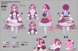  1girl apron backpack bag beret black_gloves blue_bag closed_eyes closed_mouth commentary cup demon_girl demon_horns demon_tail dress english_commentary epebe fingerless_gloves gloves hat highres holding holding_cup horns ironmouse ironmouse_(wonderland_reject) long_hair looking_at_viewer multicolored_hair official_alternate_costume official_alternate_hairstyle official_art purple_dress purple_hat purple_streaks see-through_horns solo streaked_hair tail very_long_hair virtual_youtuber vshojo white_apron 